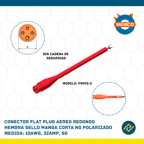 CONECTOR FLAT PLUG AEREO REDONDO HEMBRA SELLO MANGA CORTA NO POLARIZADO 10AWG, 32AMP, SO MODELO: P9092-2