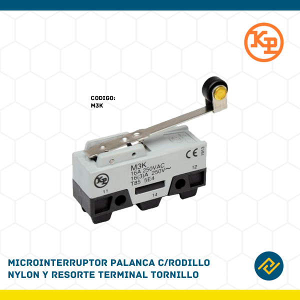 MICROINTERRUPTOR PALANCA C/RODILLO NYLON Y RESORTE TERMINAL TORNILLO CODIGO: M3K