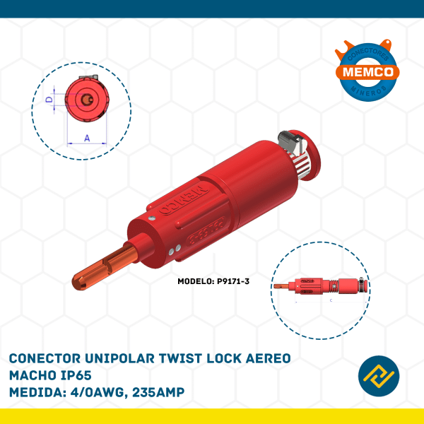 CONECTOR UNIPOLAR TWIST LOCK AEREO MACHO IP65 4/0AWG, 235AMP MODELO: P9171-3