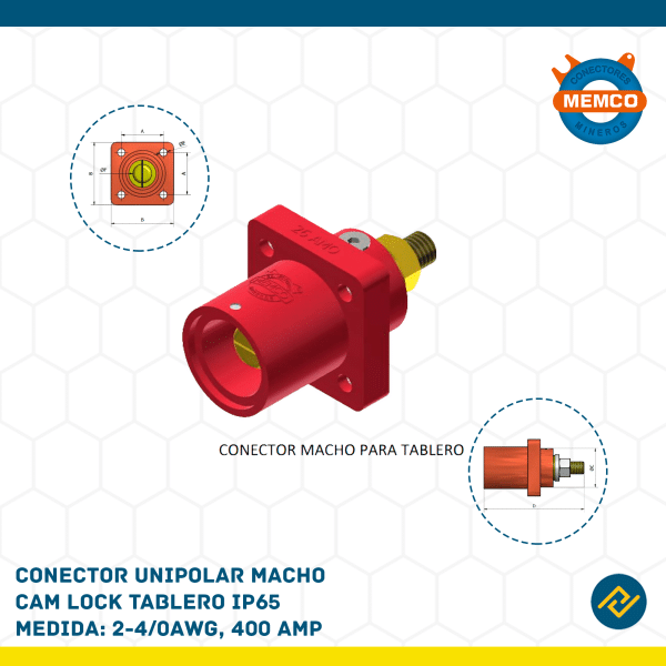 CONECTOR UNIPOLAR MACHO CAM LOCK TABLERO IP65 2-4/0AWG, 400AMP