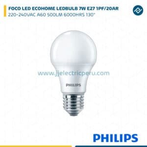 FOCO LED ECOHOME LEDBULB 7W E27 6500KHV 1PF/20AR 220-240VAC A60 500LM 6000HRS 130° PHILIPS