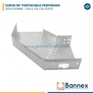 CURVA 90° PORTACABLE PERFORADA 250X100MM ESPESOR 1.2MM/1.5MM GALVANIZADA EN CALIENTE BANNEX